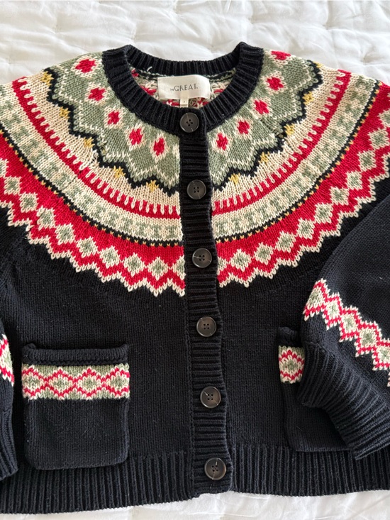 THE GREAT. Sweaters - THE GREAT. Black Fair Isle Button Cardigan with Red and Cream Accents